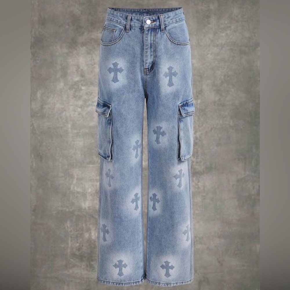 Grunge Punk Cross Print Flap Pocket Cargo Jeans